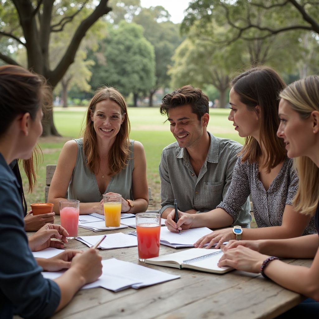 Crown Balance founding team planning wellness workshop outdoors in Sydney