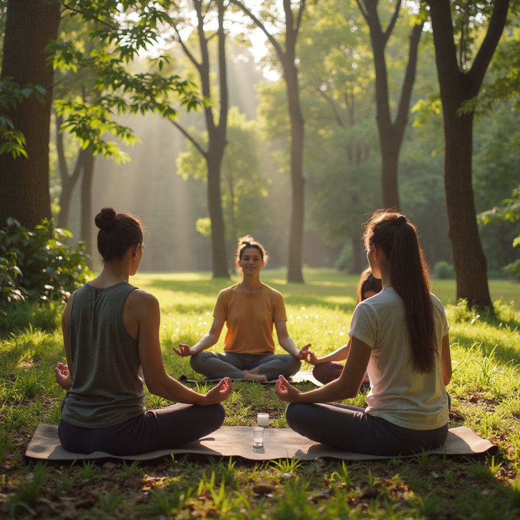 Mindfulness meditation group practice in peaceful setting